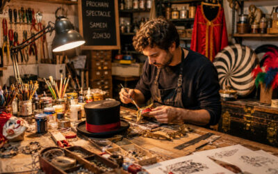 Artiste fabriquant minutieusement des accessoires de spectacle dans son atelier à domicile, entouré d'outils, de costumes et d'éléments de décoration, illustrant le travail créatif réalisé en coulisses avant une représentation