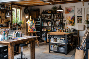 Garage aménagé en atelier de création artistique avec établis, chevalets, peintures, outils et espaces de rangement, offrant un environnement inspirant dédié à la réalisation de projets créatifs et artisanaux.