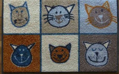 Tapis avec dessins de chats, chaque tapis a une couleur différente