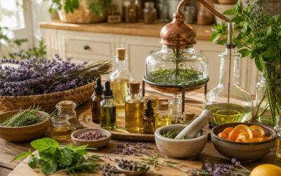 Fabrication artisanale d’huiles essentielles à la maison avec plantes aromatiques et flacons