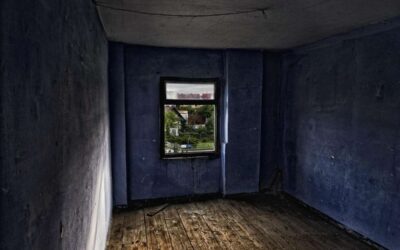 Pièce vide aux murs bleus, sol en bois, fenêtre donnant sur l'extérieur